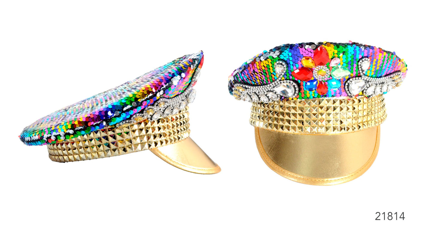 Deluxe Gold Rainbow Studded Sequin Cap