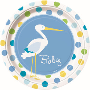 Baby Boy Stork Paper Plates 23CM