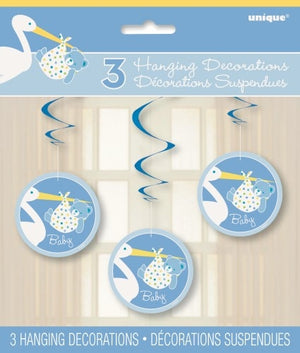 Baby Boy Stork 3 Hanging Swirl Decoration