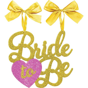 Bride to Be Gold & Pink Glittered MDF Hanging Sign & Ribbon