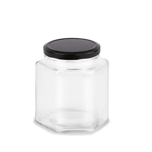 GLASS HEXAGONAL JARS 6PK BLACK LID 95ML