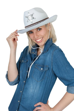 Cowboy Hat White With Band And Badge