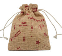 Jute Drawstring Bag Small-Red Christmas Print