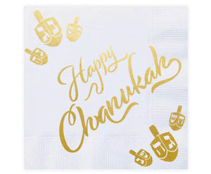 Happy Chanukah Gold And Dreidels Napkins