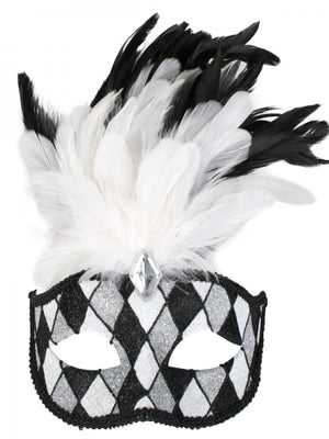 Francesca White And Black Mask With Feathers